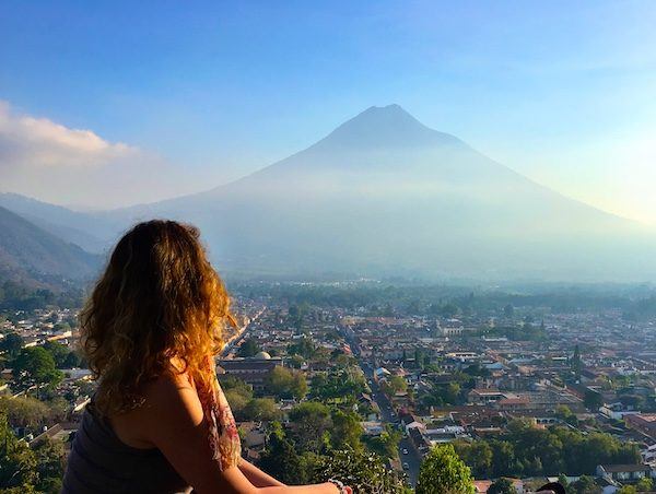Nora Dunn, overlooking Antigua Guatemala with a big volcano in the distance