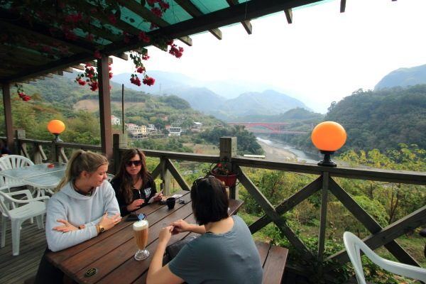 Coffee shop with view of valley and mountains in Taiwan