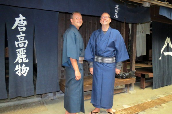 Craig and John of Flashpack at Forty in traditional kimonos in Osaka