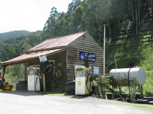 Ancient looking (but still operational) gas station at Woods Point 