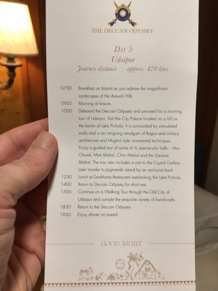 itinerary for Udaipur India on the Deccan Odyssey train