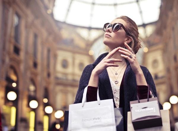 Mystery Shopper, woman wearing sunglasses with shopping bags