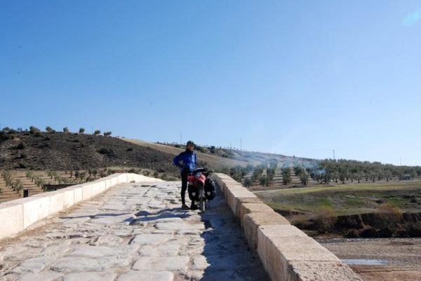 roman bridge in Turkey, with Friedel of Travelling Two and her bicycle