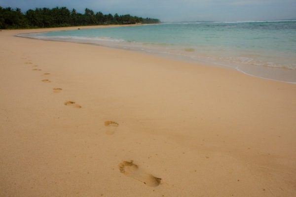 footprints on an empty beach in Sri Lanka